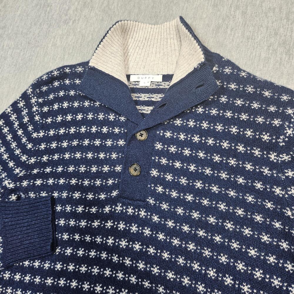 Duffy Sweater Womens L Blue Fair Isle Mock Neck Button Pullover 100% Cashmere